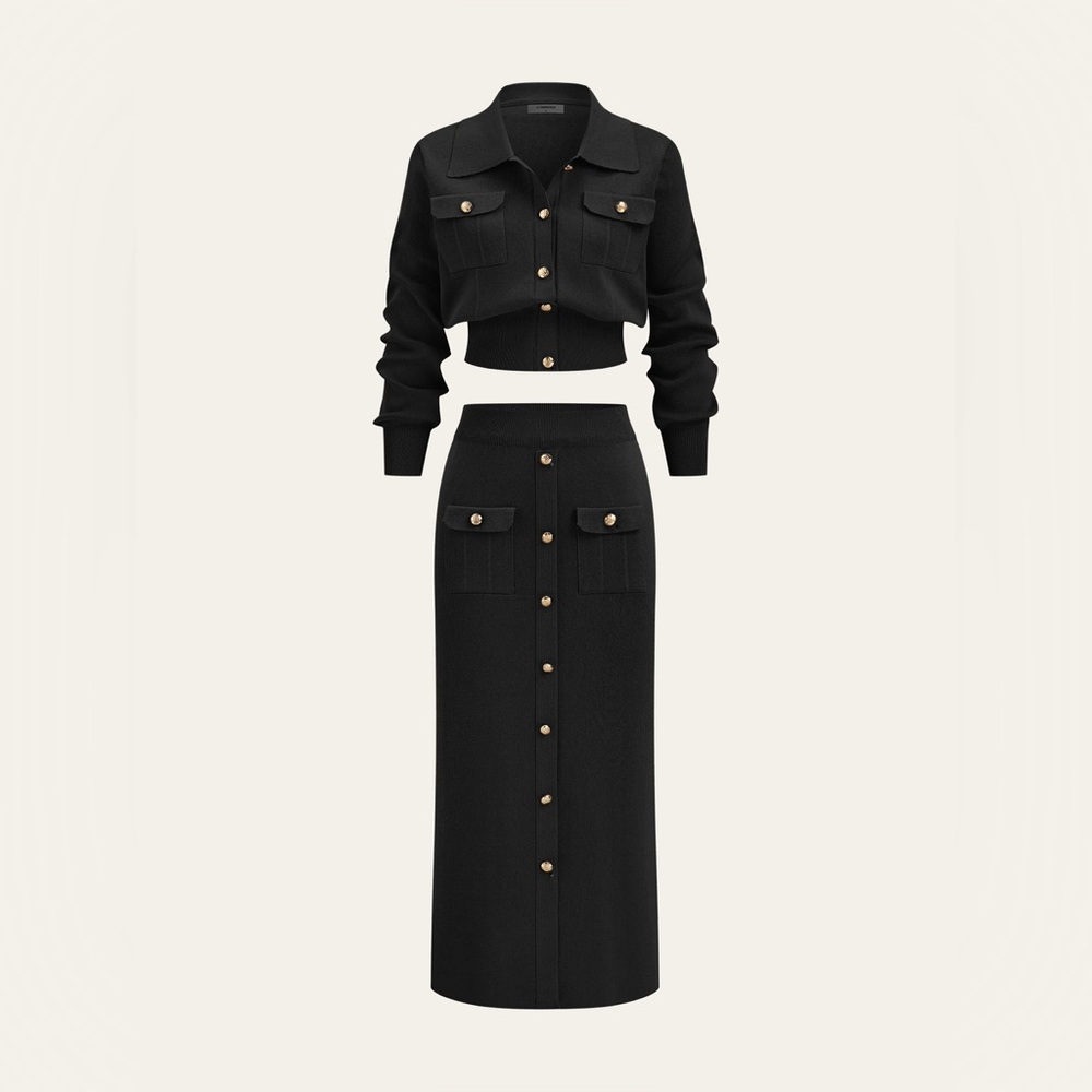 Commense Metal Button Collared 
Cardigan /Midi Skirt Set